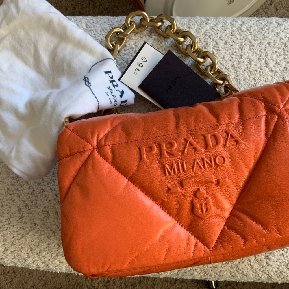 Prada Napa Leather Orange Handbag with Gold Chain Handle